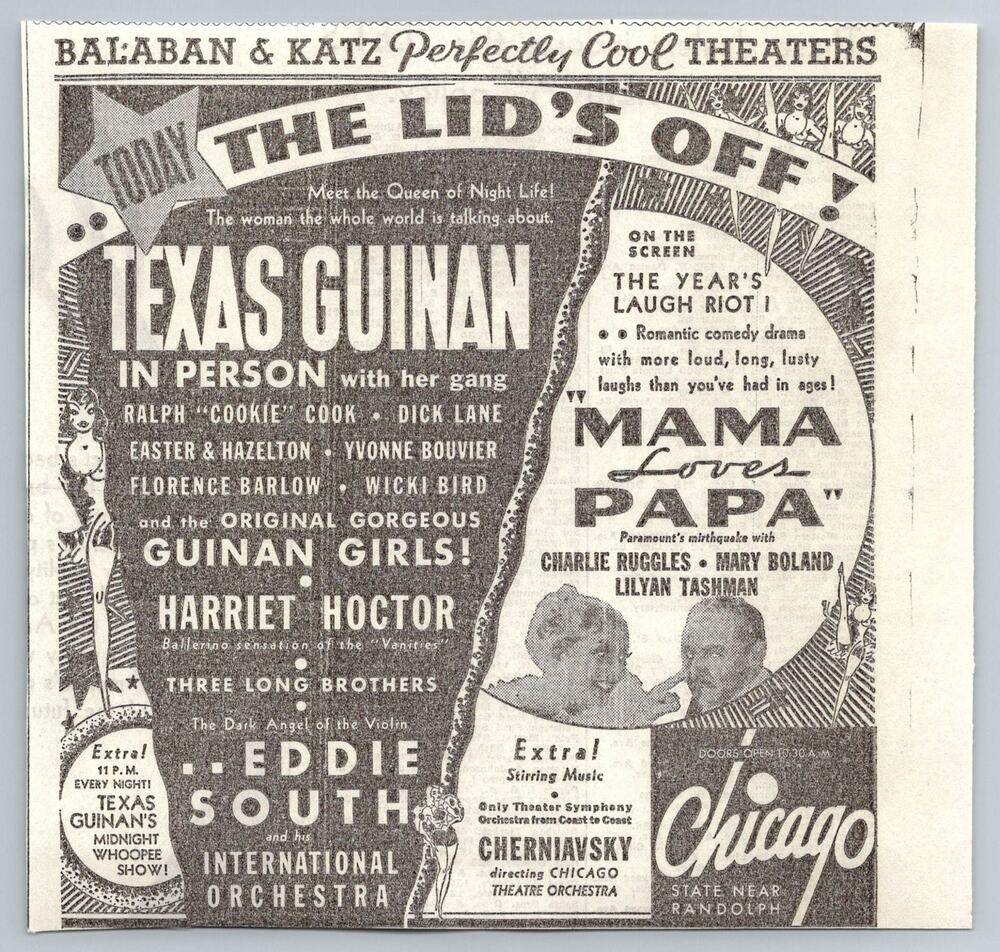 1933 Balaban & Katz Chicago Theater Texas Guinan Mama Loves Papa Eddie South Ad